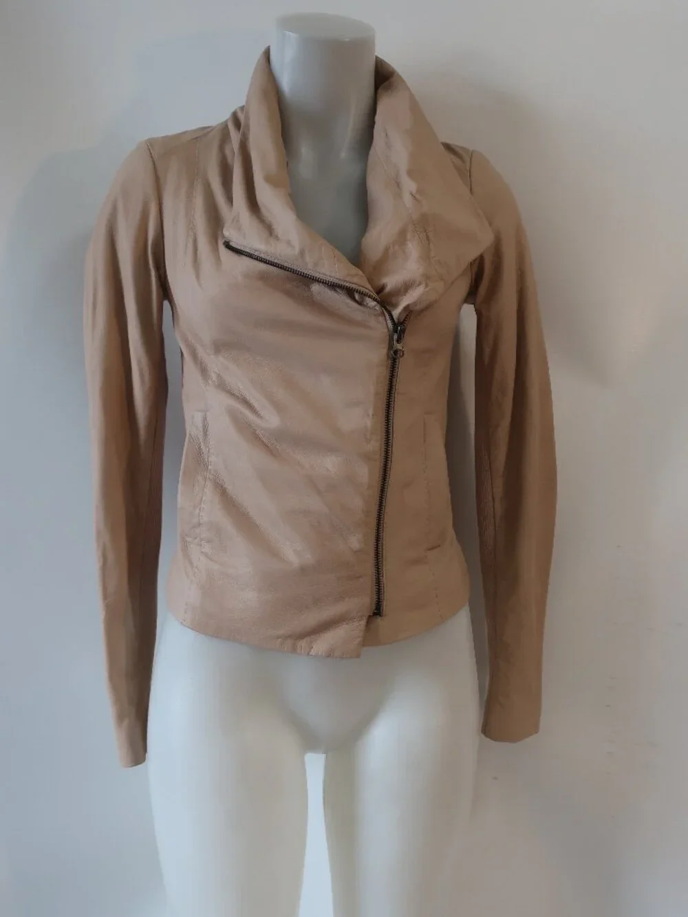 Womens Vince Beige (Item- 304) Mixed Media Ribbed Zip Leather Scuba Jacket XS